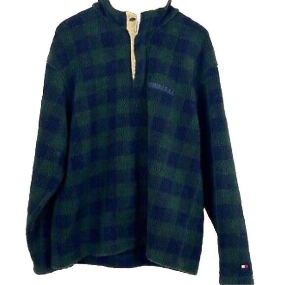 Tommy Hilfiger Plaid Fleece Sweater Mens Jacket M Green Tartan‎ Pull On Vintage - Picture 1 of 9
